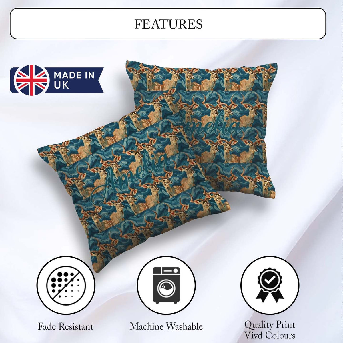 Custom Name Elegant Kudu Antelope with Texture Seamless Pattern Square Filled Cushion Throw Pillow Sofa Bed Home Decor Zip Washable UK Made