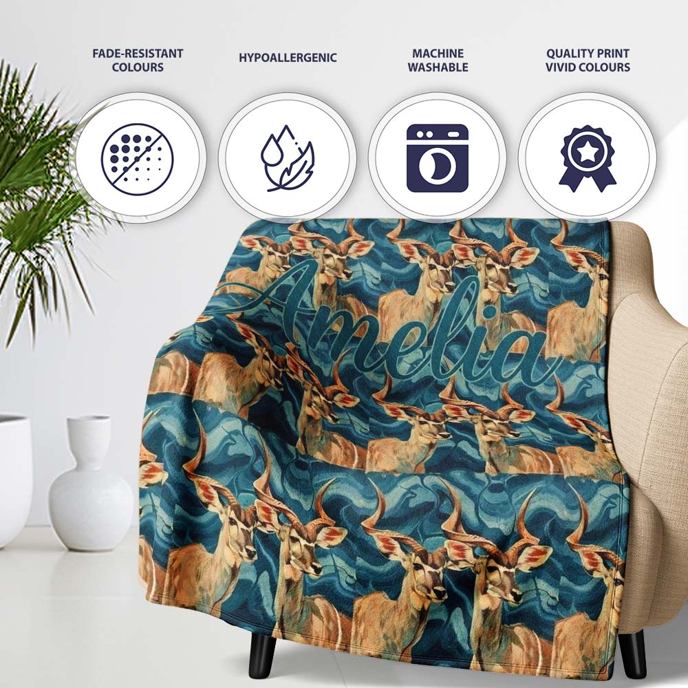 Elegant Kudu Antelope with Blue Marble Texture Seamless Pattern Personalised Custom Name Super Soft Fleece Blanket Bed Sofa Throw