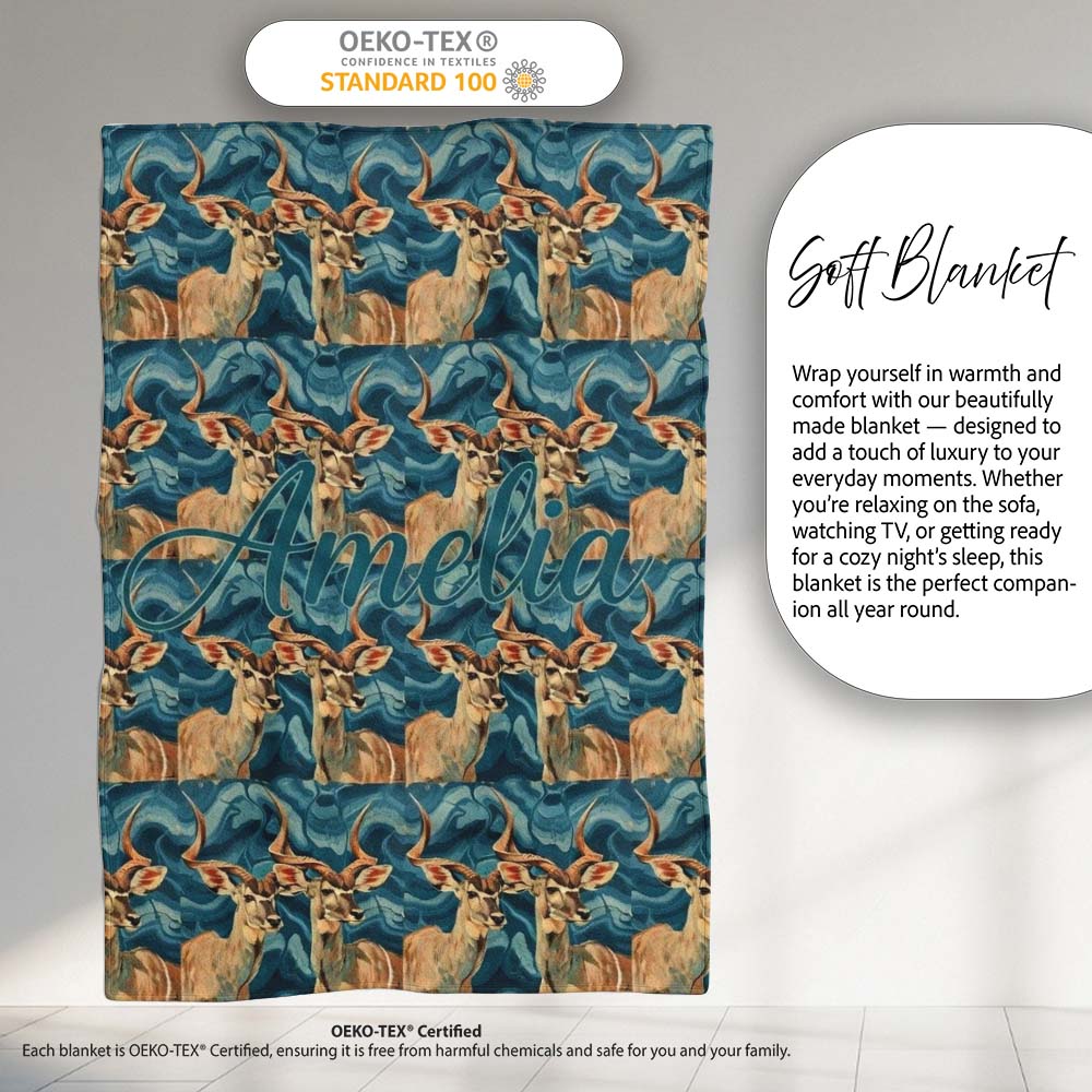Elegant Kudu Antelope with Blue Marble Texture Seamless Pattern Personalised Custom Name Super Soft Fleece Blanket Bed Sofa Throw