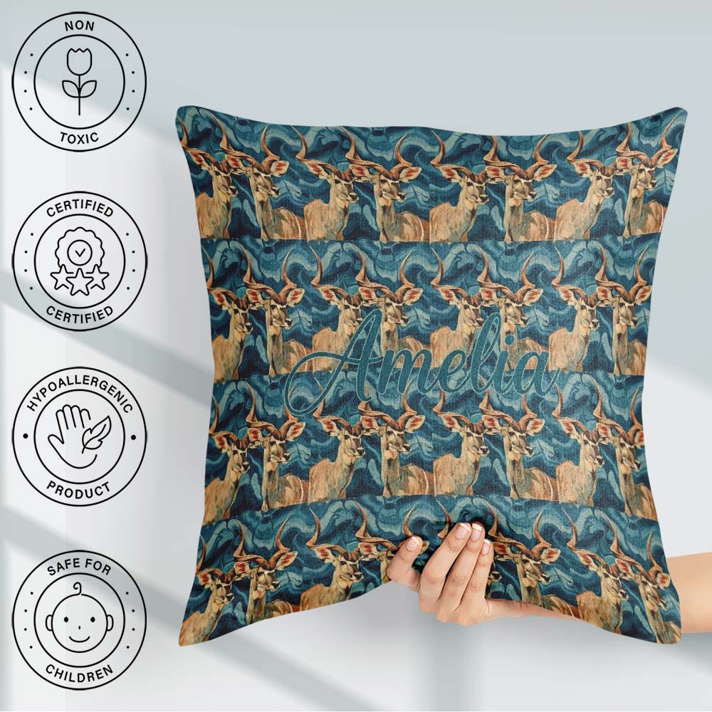 Custom Name Elegant Kudu Antelope with Texture Seamless Pattern Square Filled Cushion Throw Pillow Sofa Bed Home Decor Zip Washable UK Made