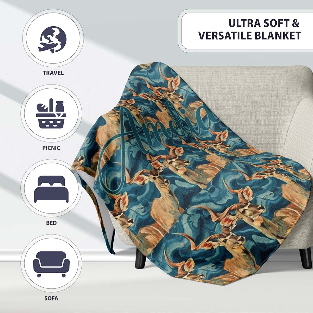Elegant Kudu Antelope with Blue Marble Texture Seamless Pattern Personalised Custom Name Super Soft Fleece Blanket Bed Sofa Throw