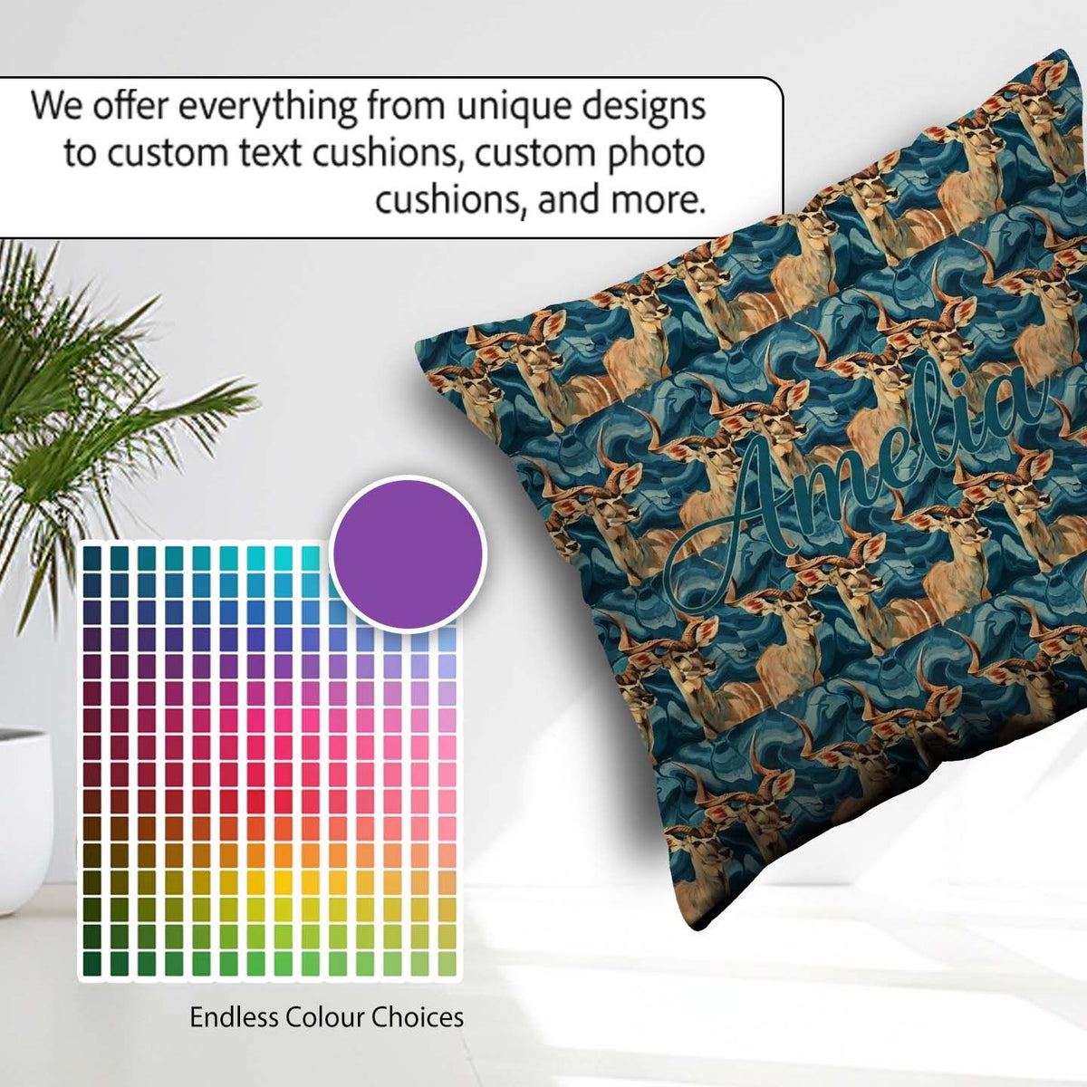 Custom Name Elegant Kudu Antelope with Texture Seamless Pattern Square Filled Cushion Throw Pillow Sofa Bed Home Decor Zip Washable UK Made