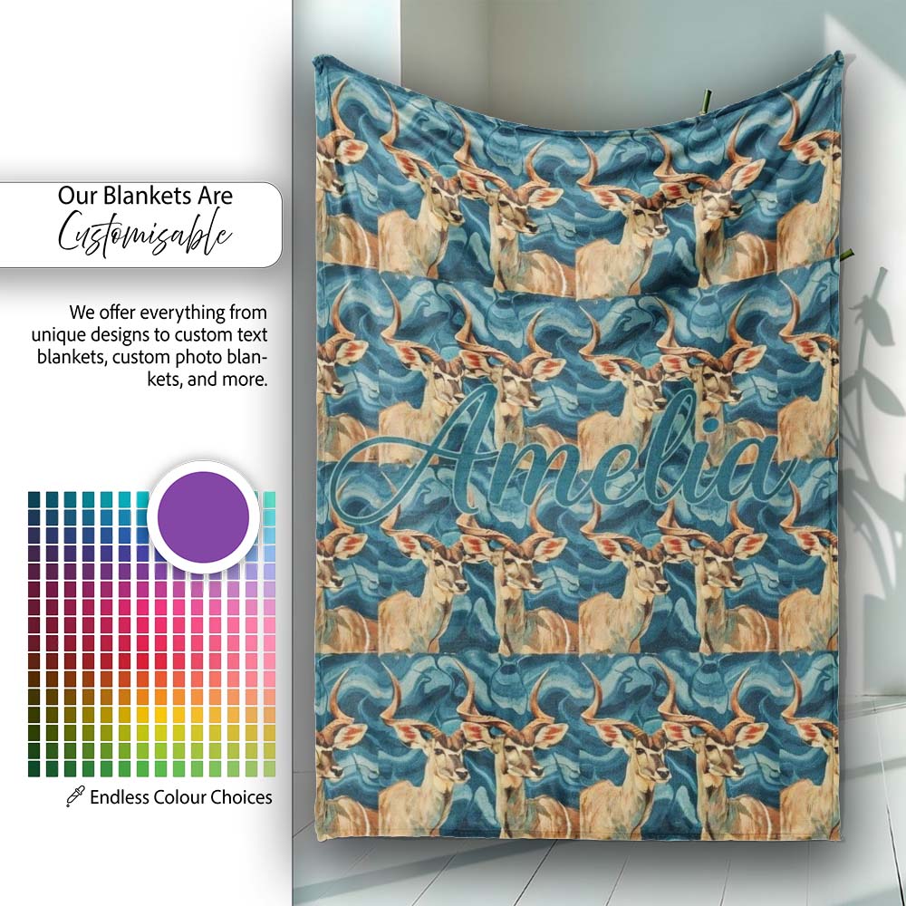 Elegant Kudu Antelope with Blue Marble Texture Seamless Pattern Personalised Custom Name Super Soft Fleece Blanket Bed Sofa Throw