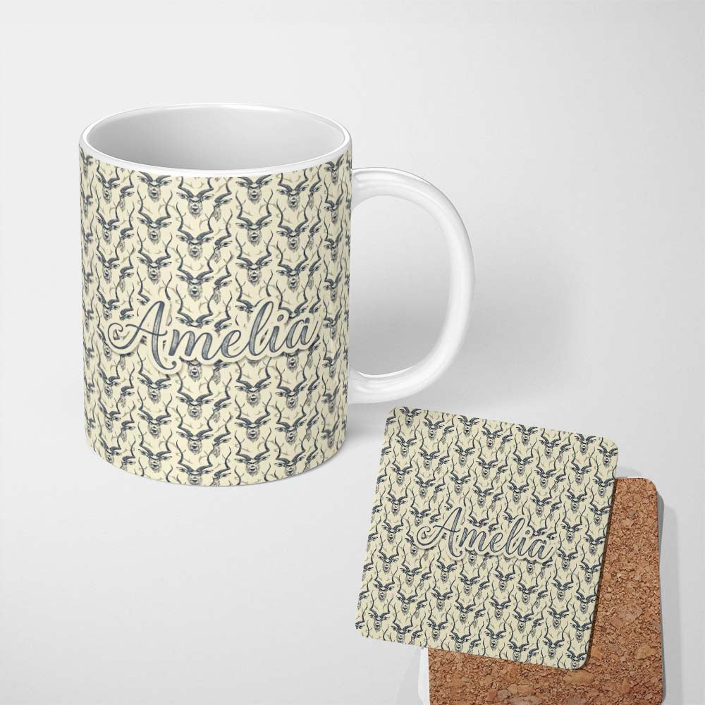 Personalized Custom Name Vintage Engraved Antelope Head Sketch Seamless Pattern Name Cute 11oz Ceramic Coffee Tea Mug White Large Handle