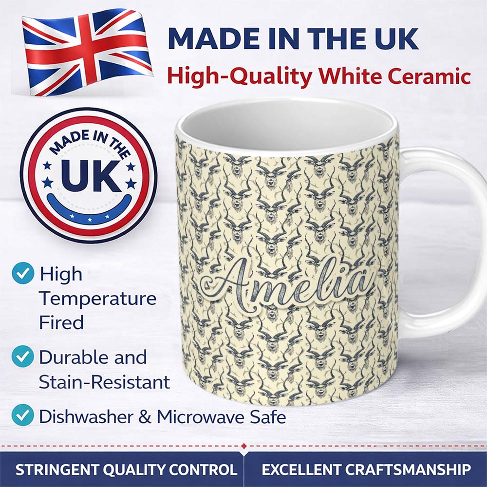 Personalized Custom Name Vintage Engraved Antelope Head Sketch Seamless Pattern Name Cute 11oz Ceramic Coffee Tea Mug White Large Handle