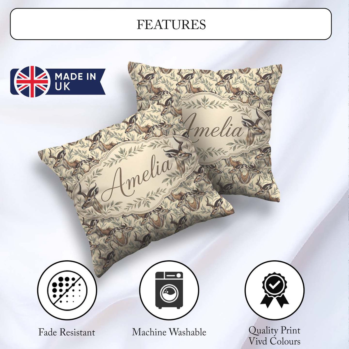 Custom Name Natural Gazelle Botanical Leaves Background Seamless Square Filled Cushion Throw Pillow Sofa Bed Home Decor Zip Washable UK Made