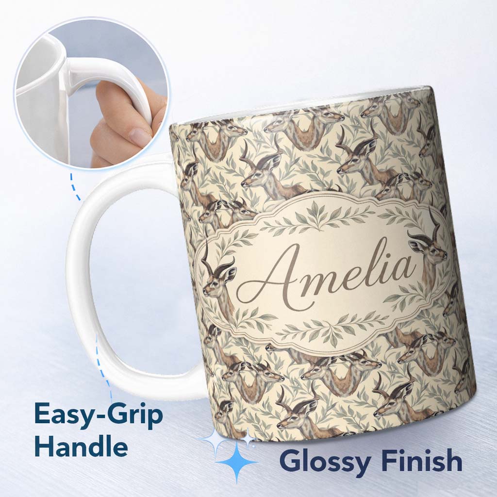 Personalized Custom Name Natural Gazelle with Botanical Leaves Neutral Background Seamless 11oz Ceramic Coffee Tea Mug White Large Handle