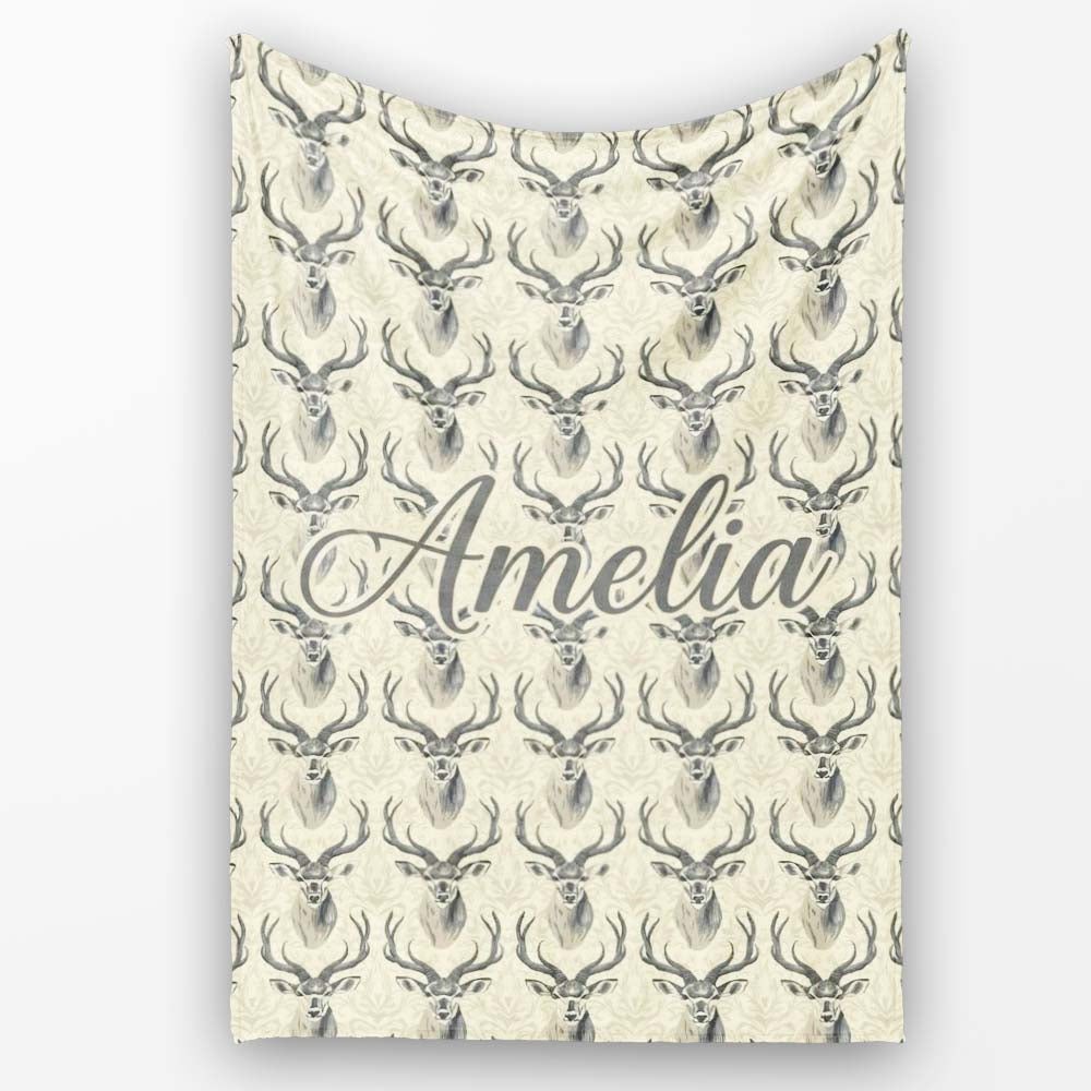 Classic Deer Head Motif on Subtle Damask Background Seamless Personalised Custom Name Super Soft Fleece Blanket Bed Sofa Throw