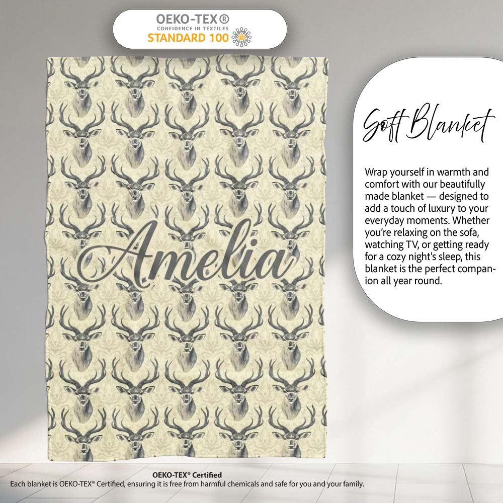 Classic Deer Head Motif on Subtle Damask Background Seamless Personalised Custom Name Super Soft Fleece Blanket Bed Sofa Throw