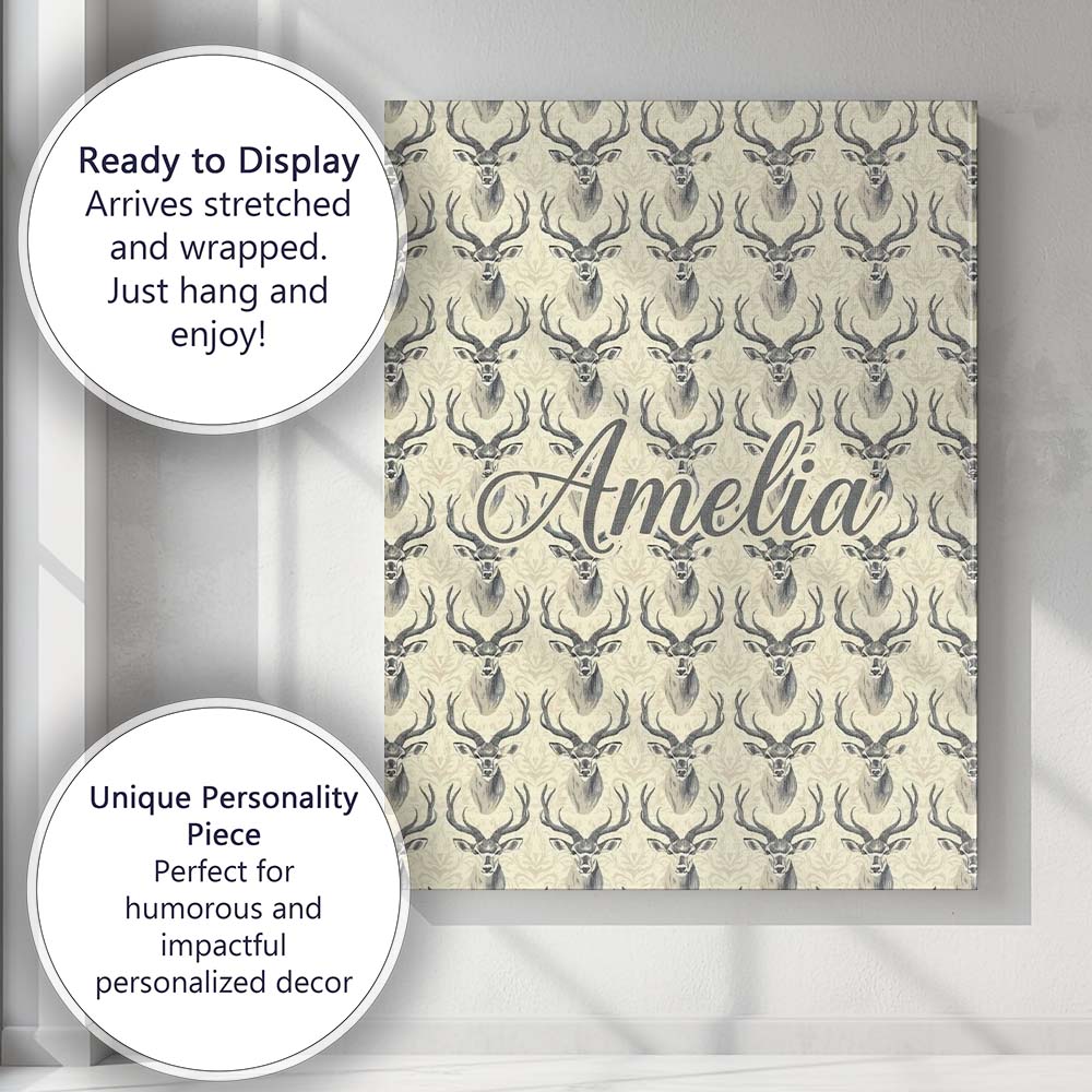 Personalised Name Classic Deer Head Motif Custom Unique Gift Idea Elegant Feature Canvas Wall Art Print Decor Picture Ready to Hang