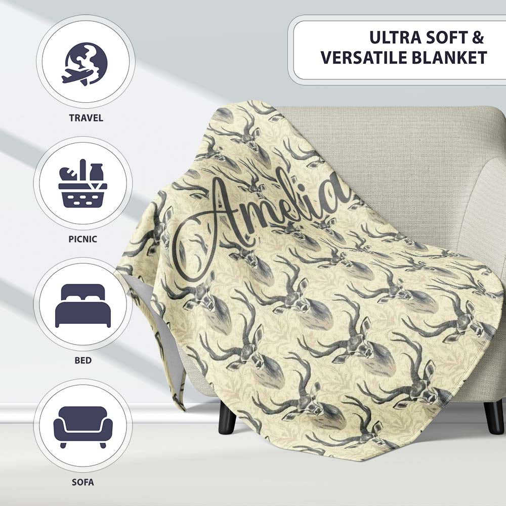 Classic Deer Head Motif on Subtle Damask Background Seamless Personalised Custom Name Super Soft Fleece Blanket Bed Sofa Throw