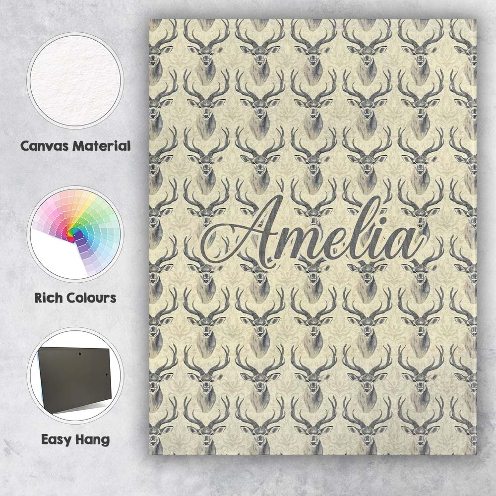 Personalised Name Classic Deer Head Motif Custom Unique Gift Idea Elegant Feature Canvas Wall Art Print Decor Picture Ready to Hang