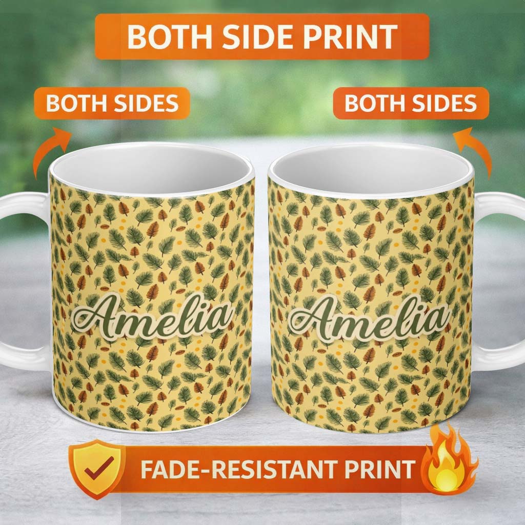Personalized Custom Name Autumn Pine Cones and Green Fir Leaves Seamless Pattern Name Cute 11oz Ceramic Coffee Tea Mug White Large Handle