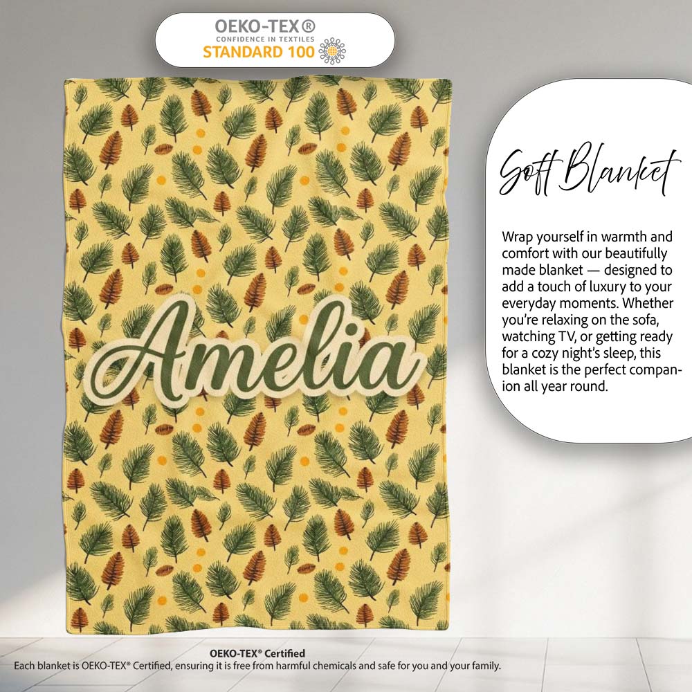 Autumn Pine Cones and Green Fir Leaves Seamless Pattern Name Cute Personalised Custom Name Super Soft Fleece Blanket Bed Sofa Throw