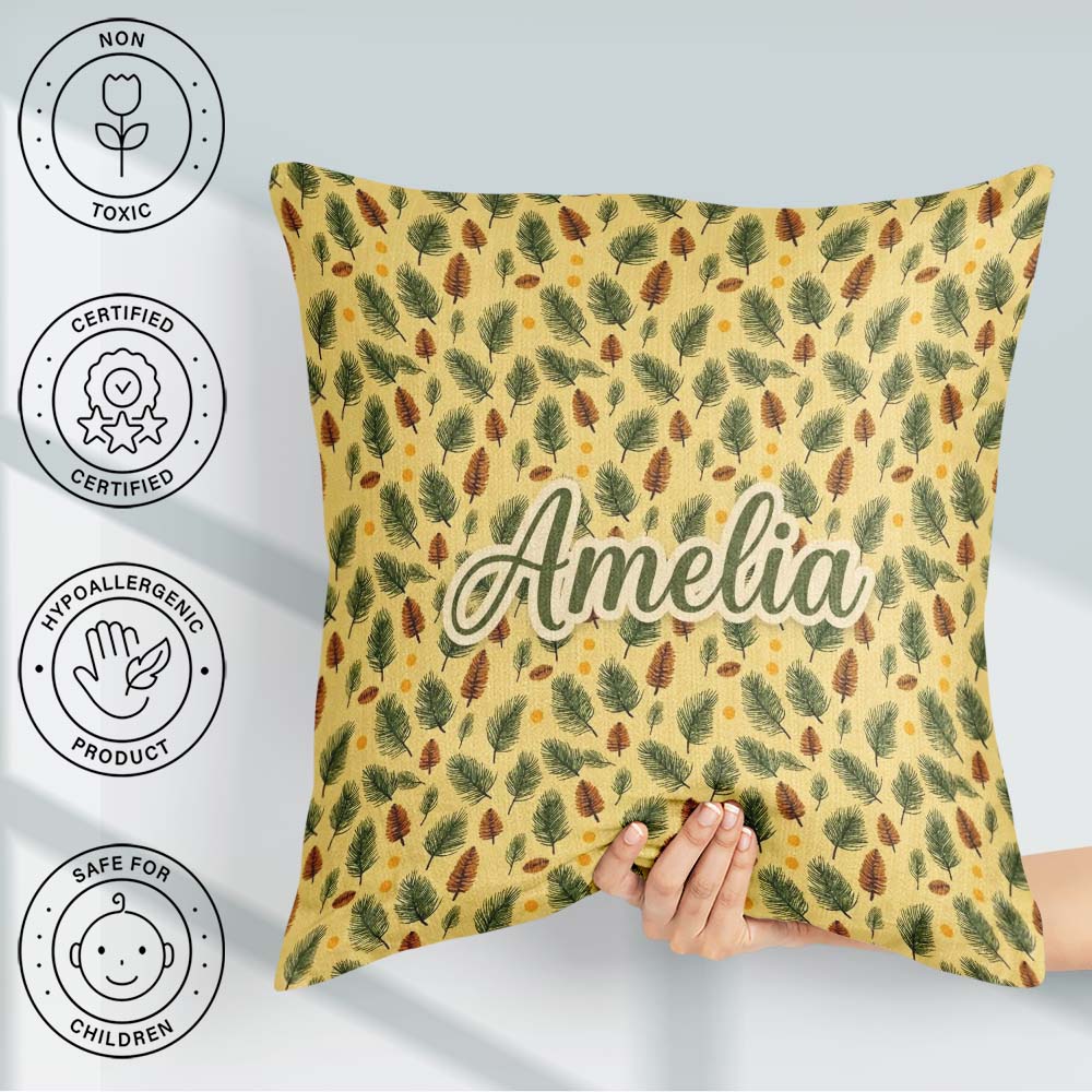 Custom Name Autumn Pine Cones and Green Fir Leaves Seamless Name Square Filled Cushion Throw Pillow Sofa Bed Home Decor Zip Washable UK Made