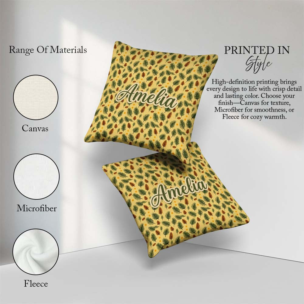 Custom Name Autumn Pine Cones and Green Fir Leaves Seamless Name Square Filled Cushion Throw Pillow Sofa Bed Home Decor Zip Washable UK Made