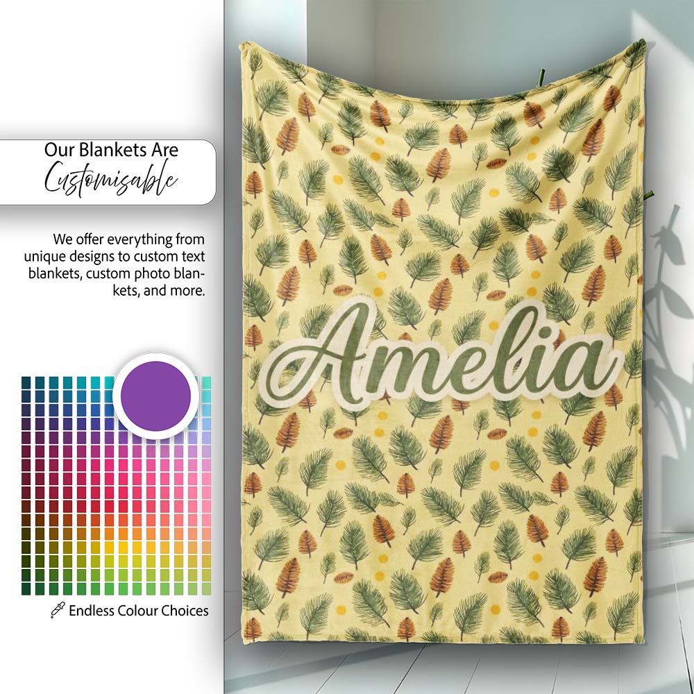 Autumn Pine Cones and Green Fir Leaves Seamless Pattern Name Cute Personalised Custom Name Super Soft Fleece Blanket Bed Sofa Throw