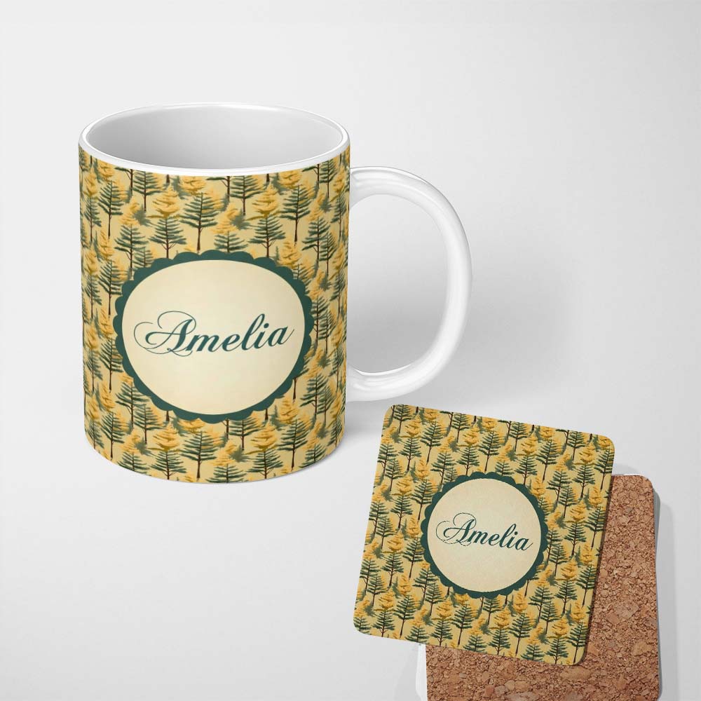 Personalized Custom Name Golden Forest Trees Repeating Woodland Seamless Pattern Name Cute 11oz Ceramic Coffee Tea Mug White Large Handle