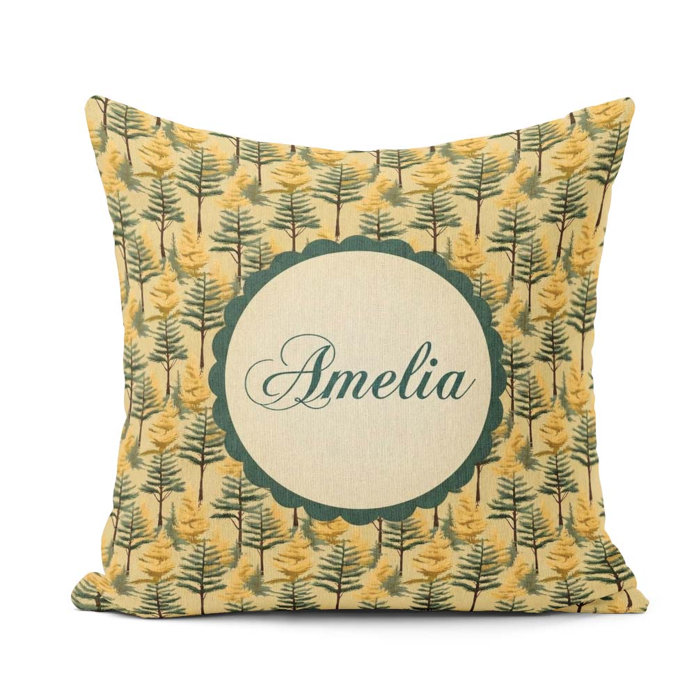 Custom Name Golden Forest Trees Repeating Woodland Seamless Name Square Filled Cushion Throw Pillow Sofa Bed Home Decor Zip Washable UK Made