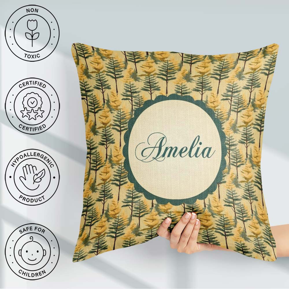 Custom Name Golden Forest Trees Repeating Woodland Seamless Name Square Filled Cushion Throw Pillow Sofa Bed Home Decor Zip Washable UK Made