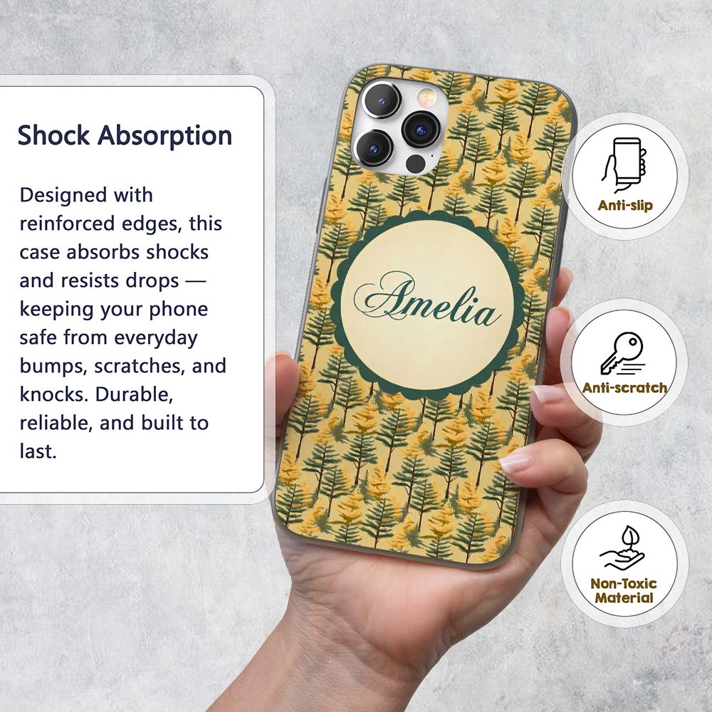 Golden Forest Trees Repeating Woodland Seamless Custom Name Protective Phone Case Mobile Cover Durable Everyday Smartphone Shock Resistant