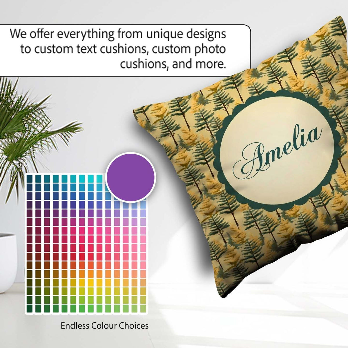 Custom Name Golden Forest Trees Repeating Woodland Seamless Name Square Filled Cushion Throw Pillow Sofa Bed Home Decor Zip Washable UK Made
