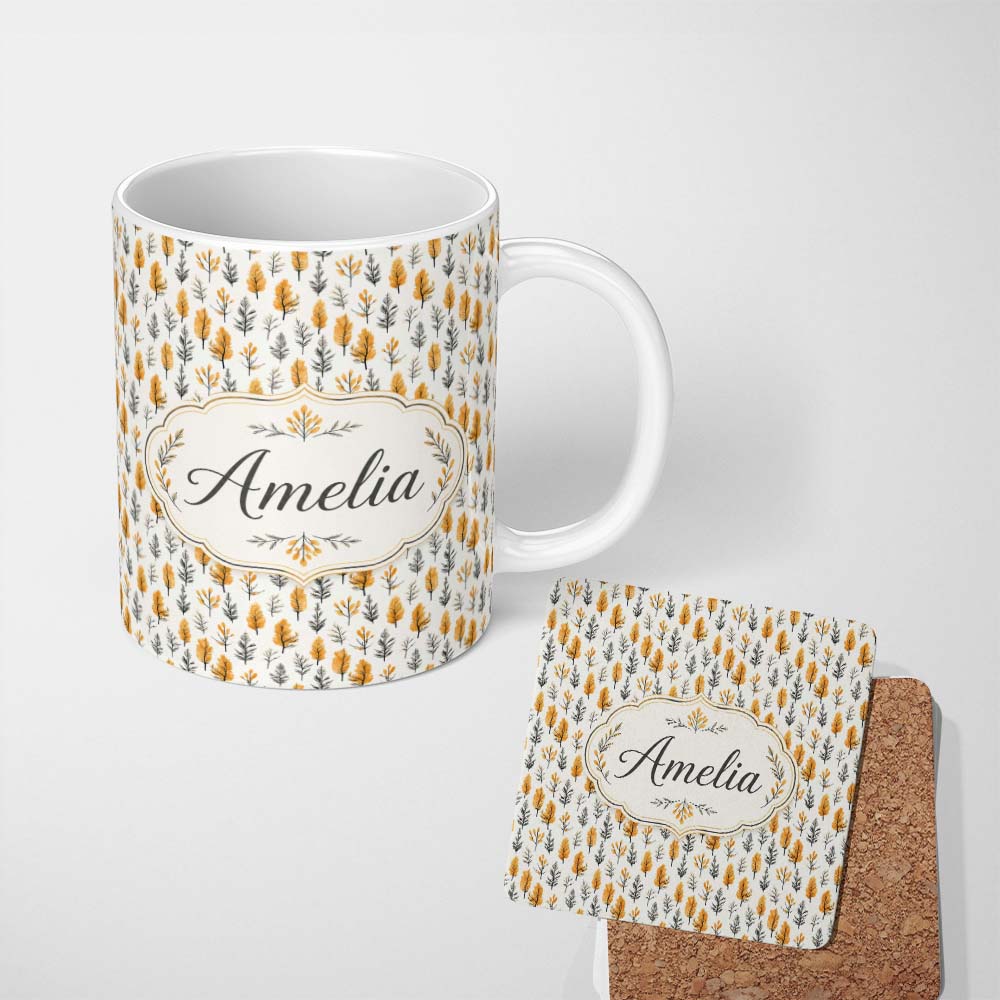 Personalized Custom Name Minimal Autumn Leaves and Sprigs Neutral Seamless Pattern Custom 11oz Ceramic Coffee Tea Mug White Large Handle
