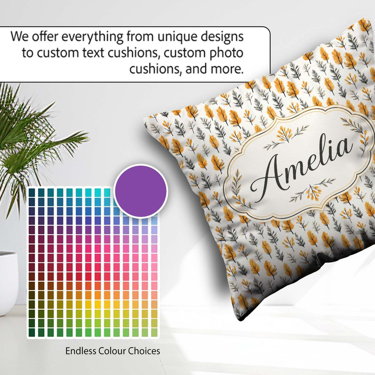 Custom Name Minimal Autumn Leaves Sprigs Neutral Seamless Custom Square Filled Cushion Throw Pillow Sofa Bed Home Decor Zip Washable UK Made