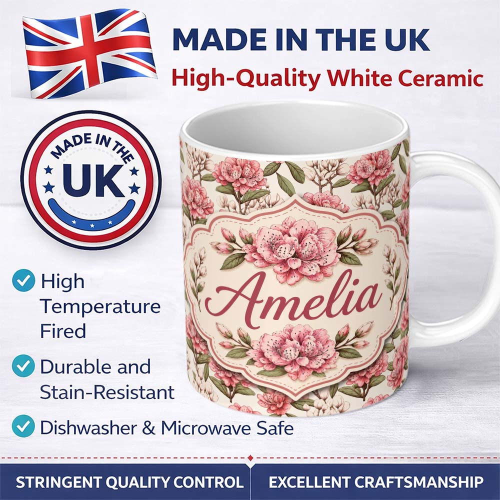 Personalized Custom Name Vintage Pink Floral Branches with Neutral Background Seamless Lovely 11oz Ceramic Coffee Tea Mug White Large Handle