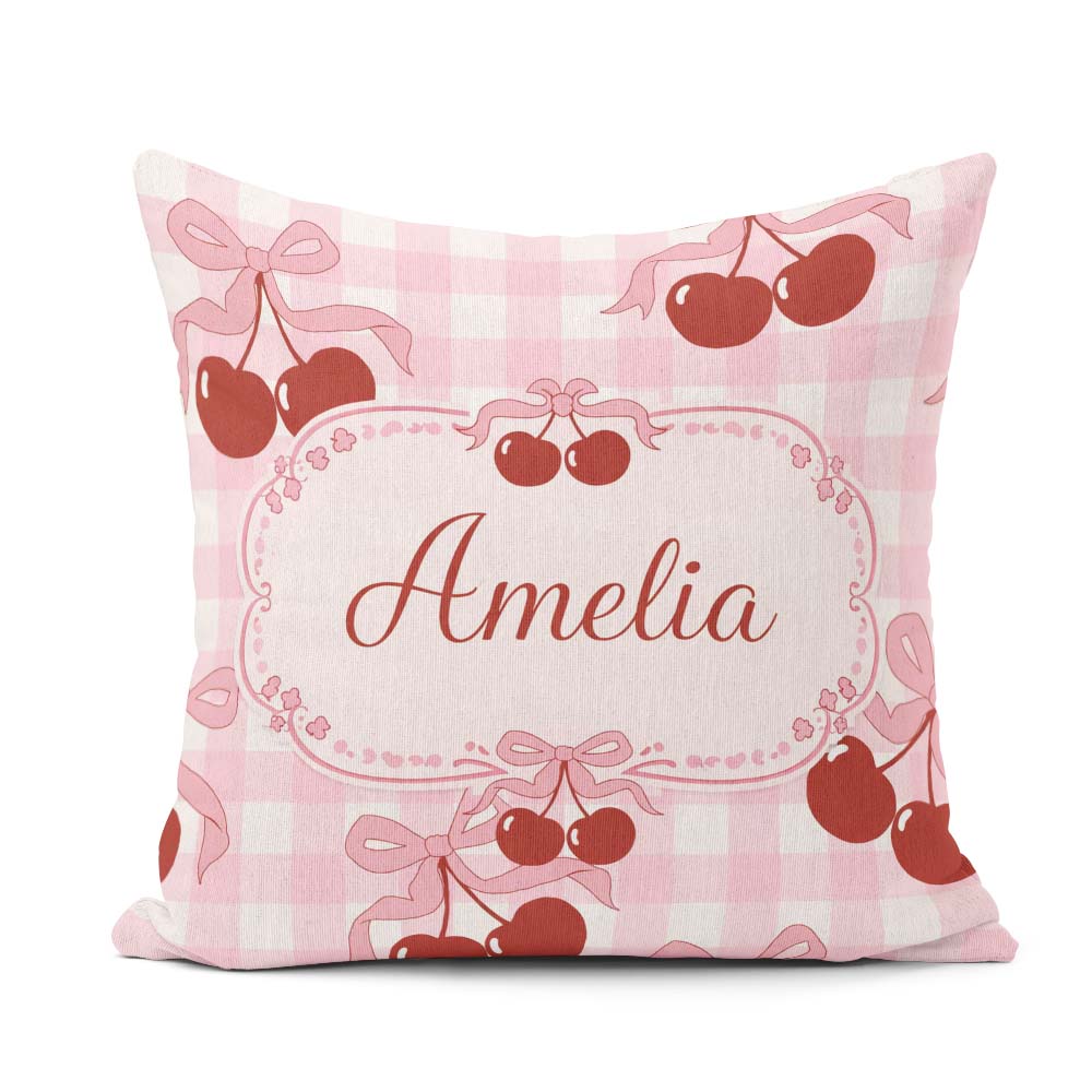 Custom Name Cherry Bow Ribbon Pink Gingham Soft Seamless Pattern Square Filled Cushion Throw Pillow Sofa Bed Home Decor Zip Washable UK Made