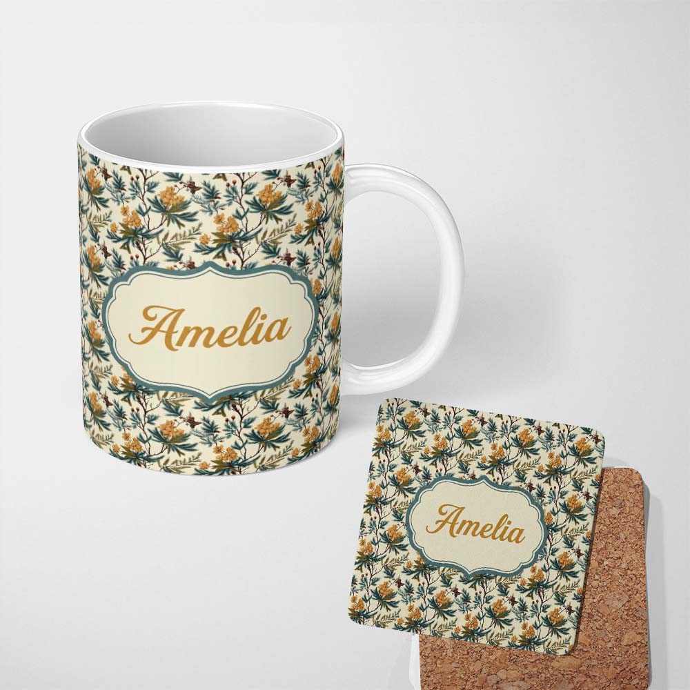 Personalized Custom Name Botanical Pine Branches with Flowers Seamless Pattern Name Cute 11oz Ceramic Coffee Tea Mug White Large Handle