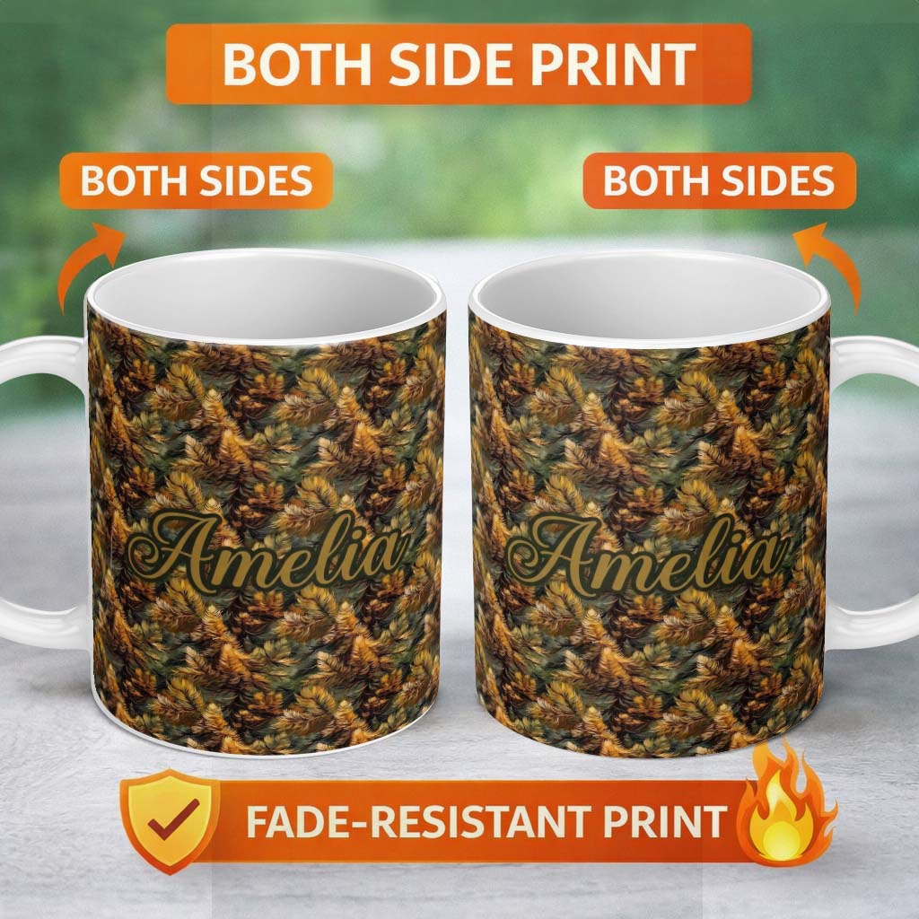 Personalized Custom Name Rich Autumn Foliage Dense Leaf Texture Seamless Pattern Name Cute 11oz Ceramic Coffee Tea Mug White Large Handle
