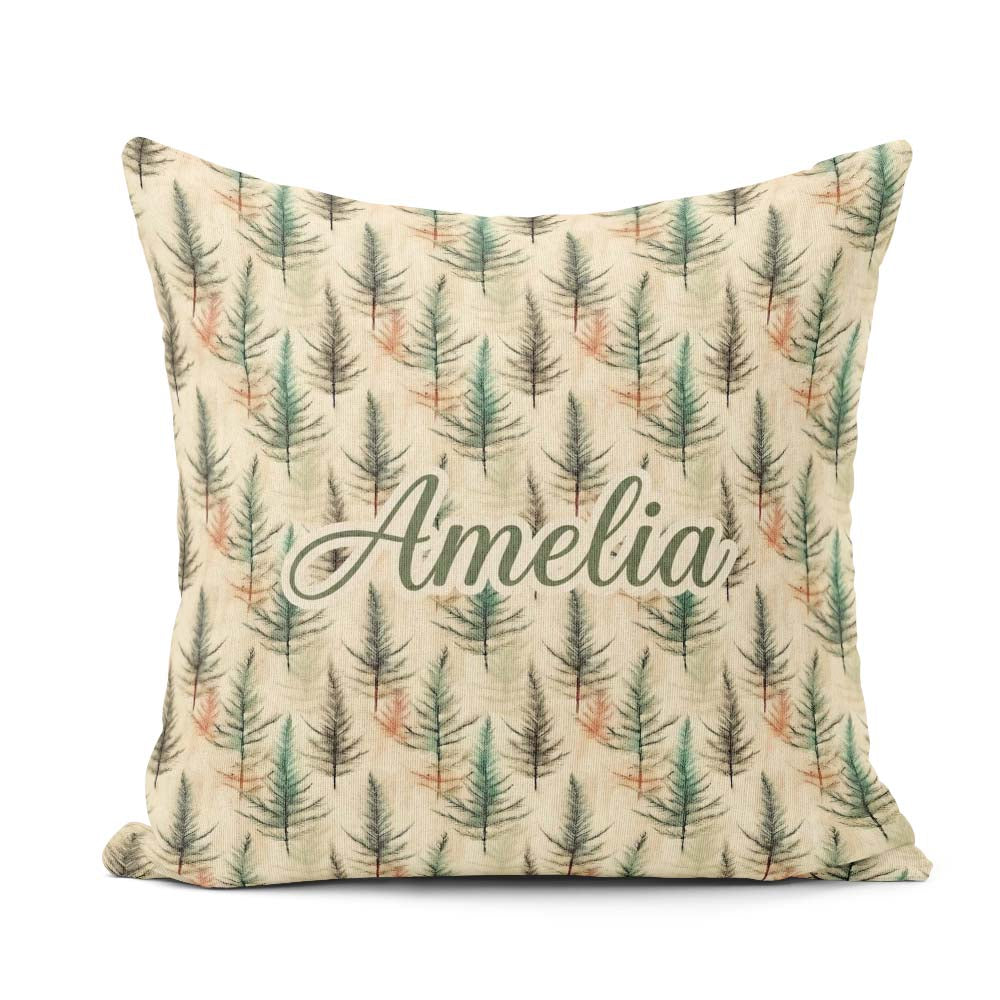 Custom Name Soft Pine Leaves Natural Seamless Pattern Name Cute Square Filled Cushion Throw Pillow Sofa Bed Home Decor Zip Washable UK Made