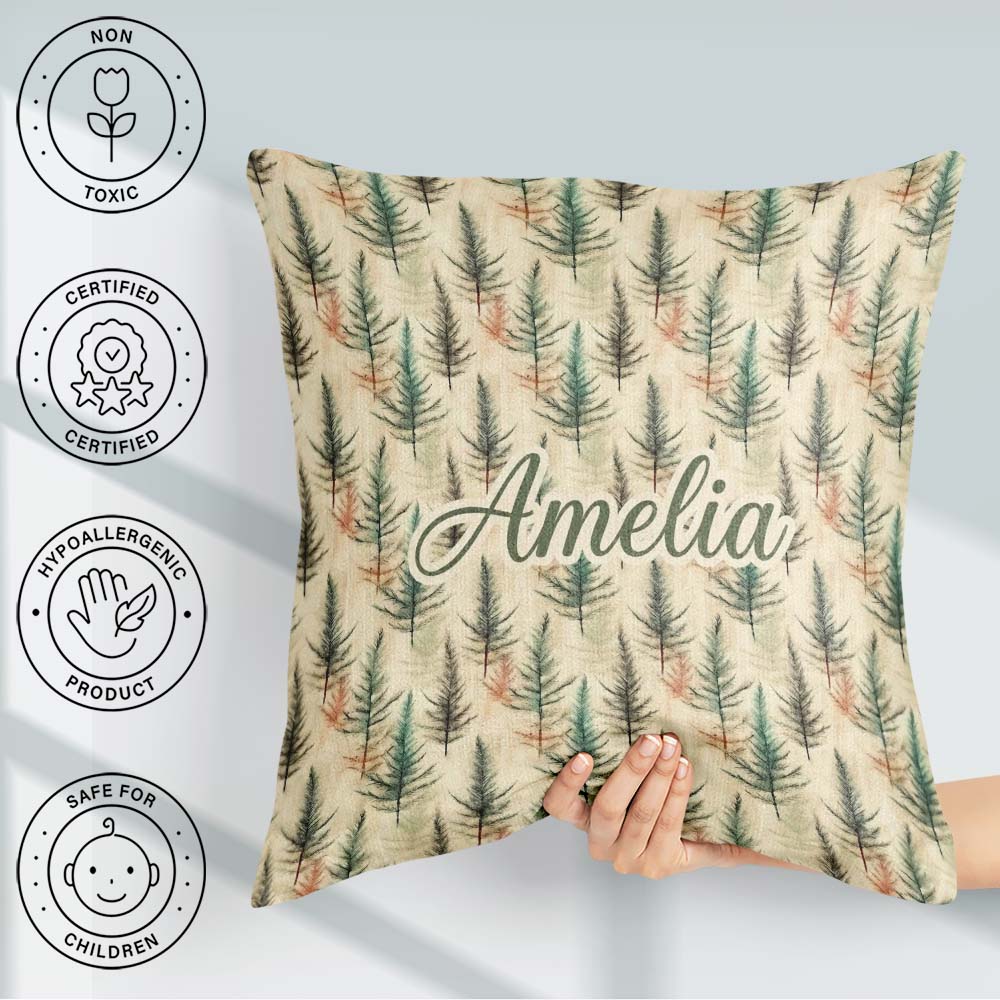 Custom Name Soft Pine Leaves Natural Seamless Pattern Name Cute Square Filled Cushion Throw Pillow Sofa Bed Home Decor Zip Washable UK Made
