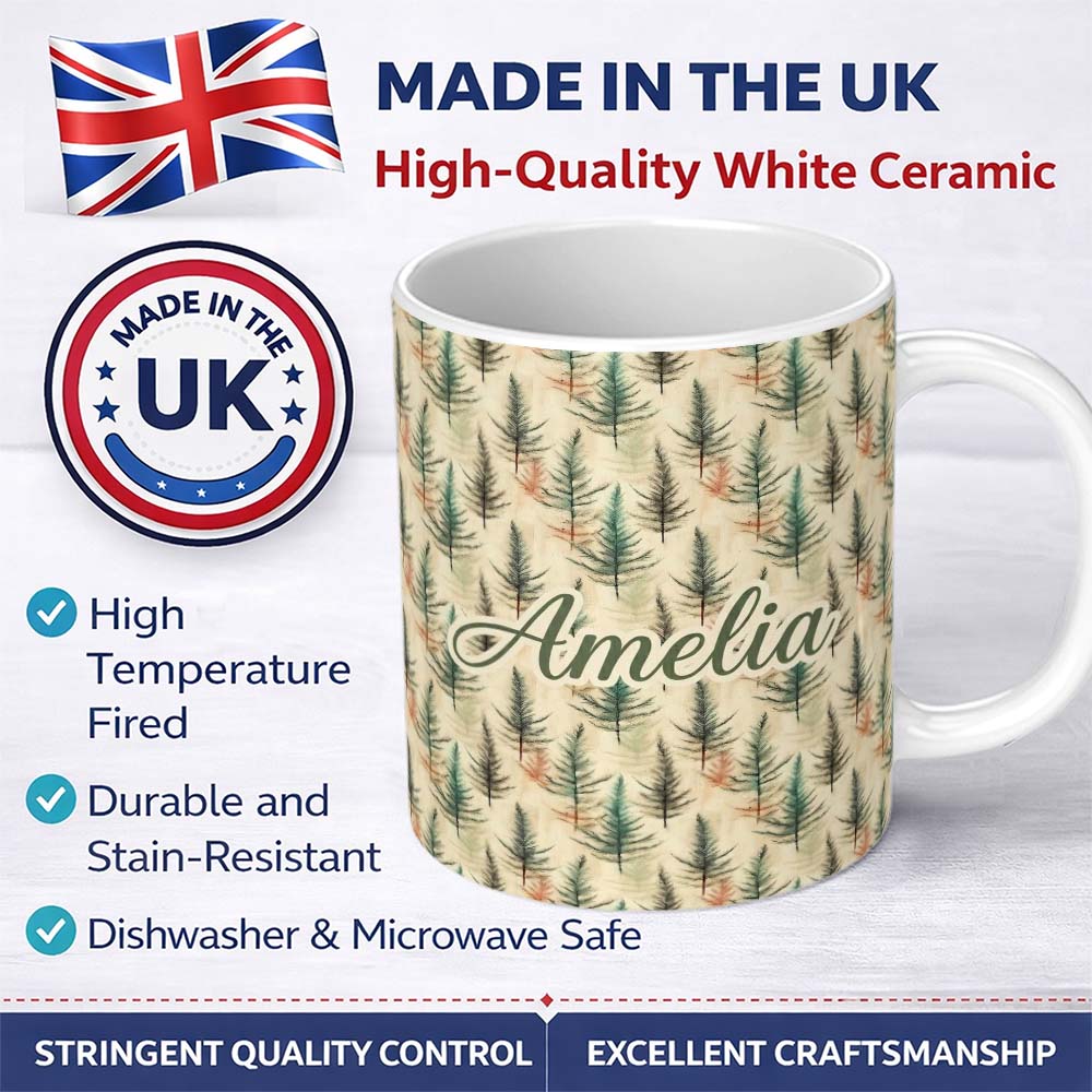 Personalized Custom Name Soft Watercolor Pine Leaves Natural Seamless Pattern Name Cute 11oz Ceramic Coffee Tea Mug White Large Handle