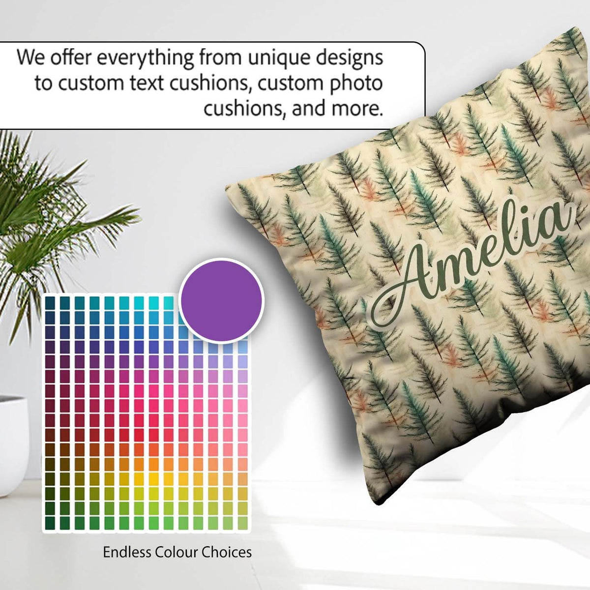 Custom Name Soft Pine Leaves Natural Seamless Pattern Name Cute Square Filled Cushion Throw Pillow Sofa Bed Home Decor Zip Washable UK Made