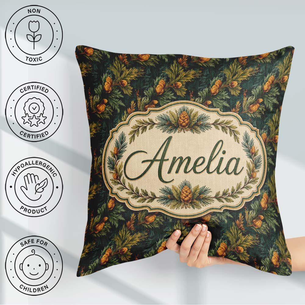 Custom Name Dark Evergreen Pine Branches with Cones Pattern Name Square Filled Cushion Throw Pillow Sofa Bed Home Decor Zip Washable UK Made