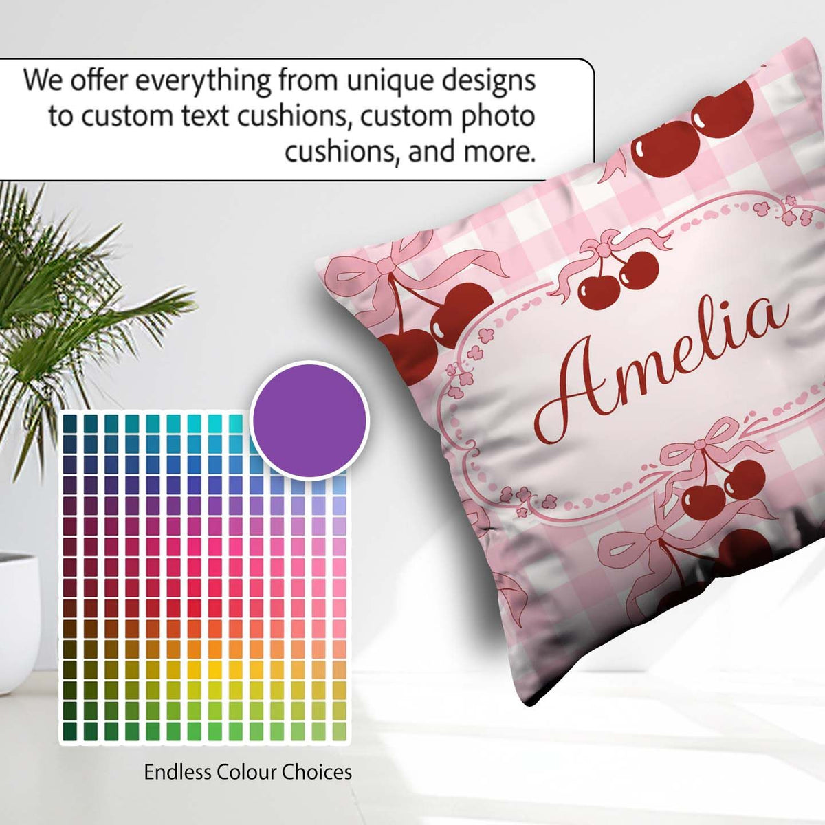 Custom Name Cherry Bow Ribbon Pink Gingham Soft Seamless Pattern Square Filled Cushion Throw Pillow Sofa Bed Home Decor Zip Washable UK Made