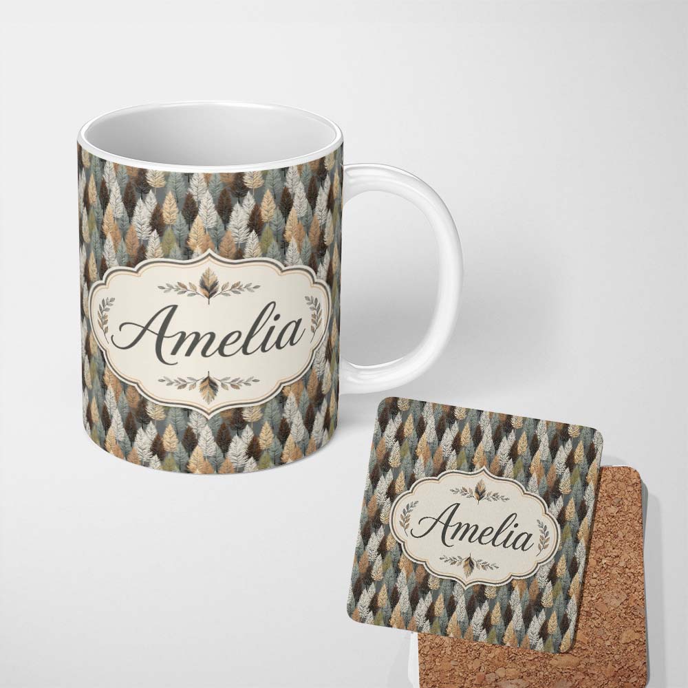 Personalized Custom Name Autumn Neutral Leaf Pattern with Grey Brown and Beige Tones 11oz Ceramic Coffee Tea Mug White Large Handle