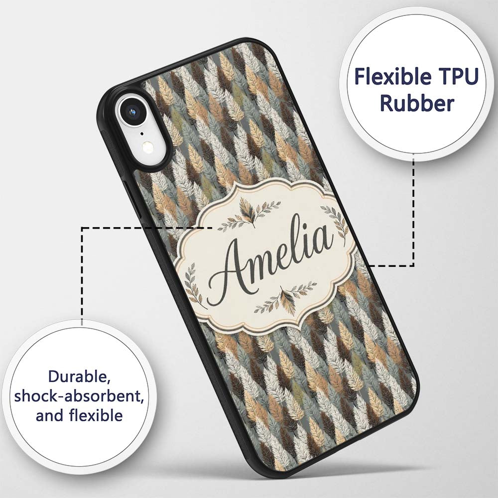 Autumn Neutral Leaf Pattern with Grey Brown and Custom Name Protective Phone Case Mobile Cover Durable Everyday Smartphone Shock Resistant