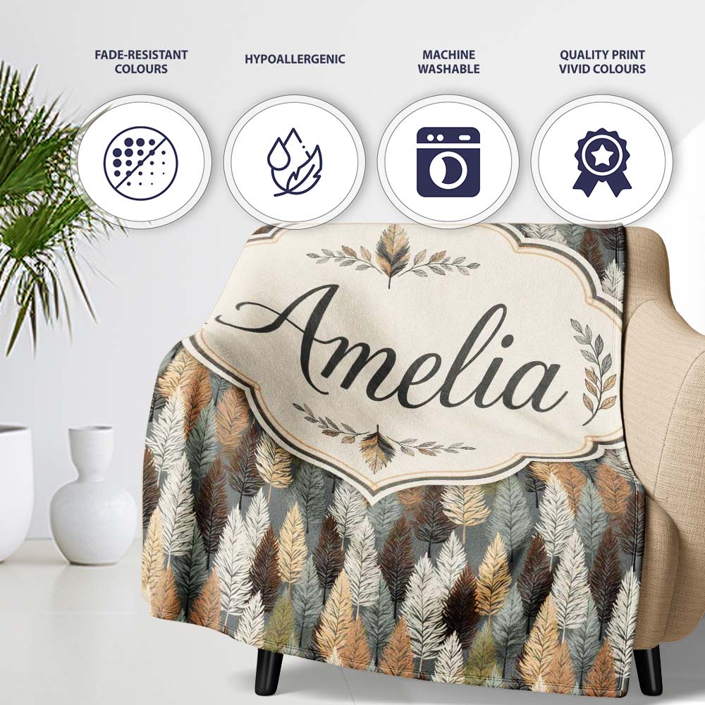 Autumn Neutral Leaf Pattern with Grey Brown and Beige Tones Personalised Custom Name Super Soft Fleece Blanket Bed Sofa Throw