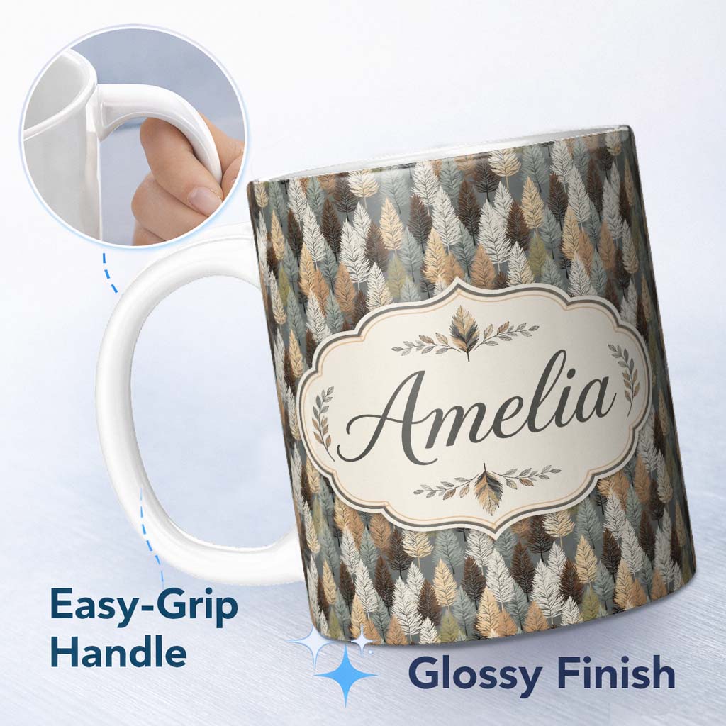 Personalized Custom Name Autumn Neutral Leaf Pattern with Grey Brown and Beige Tones 11oz Ceramic Coffee Tea Mug White Large Handle