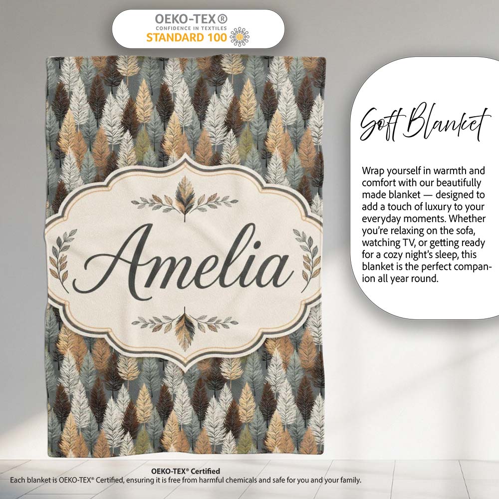 Autumn Neutral Leaf Pattern with Grey Brown and Beige Tones Personalised Custom Name Super Soft Fleece Blanket Bed Sofa Throw