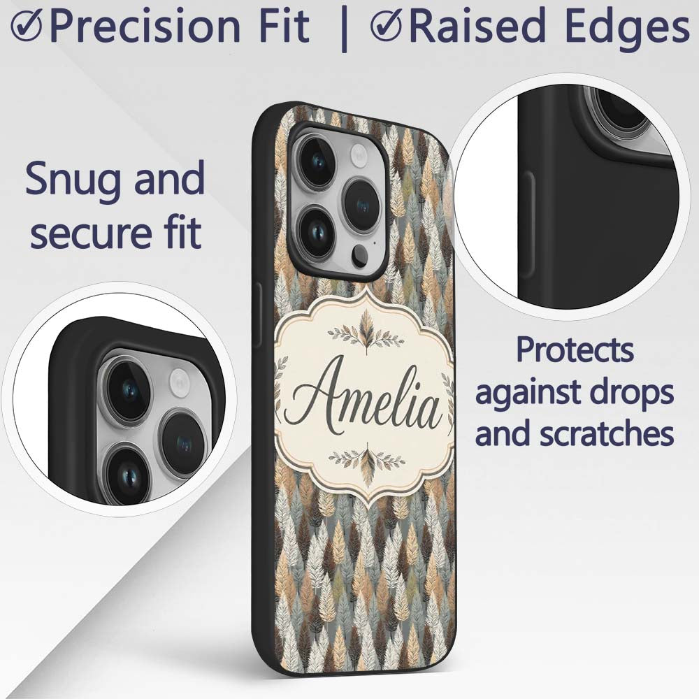 Autumn Neutral Leaf Pattern with Grey Brown and Custom Name Protective Phone Case Mobile Cover Durable Everyday Smartphone Shock Resistant