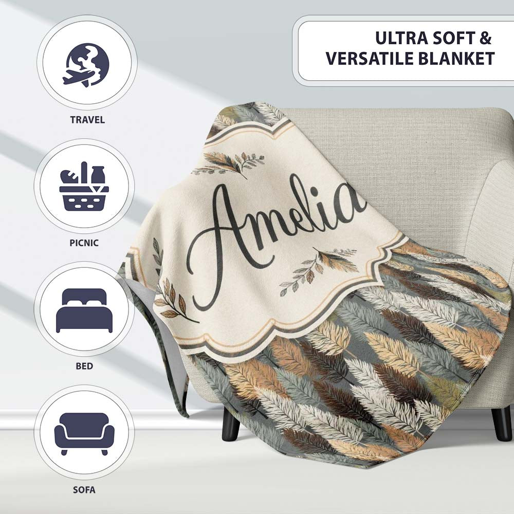 Autumn Neutral Leaf Pattern with Grey Brown and Beige Tones Personalised Custom Name Super Soft Fleece Blanket Bed Sofa Throw