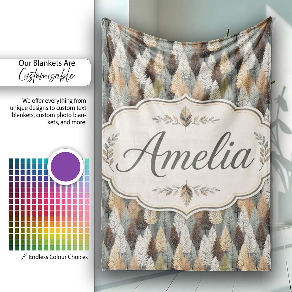 Autumn Neutral Leaf Pattern with Grey Brown and Beige Tones Personalised Custom Name Super Soft Fleece Blanket Bed Sofa Throw