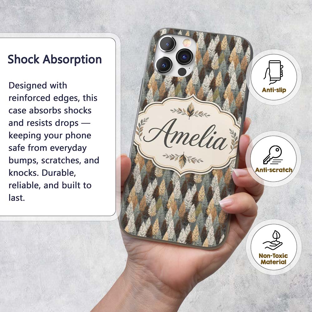 Autumn Neutral Leaf Pattern with Grey Brown and Custom Name Protective Phone Case Mobile Cover Durable Everyday Smartphone Shock Resistant