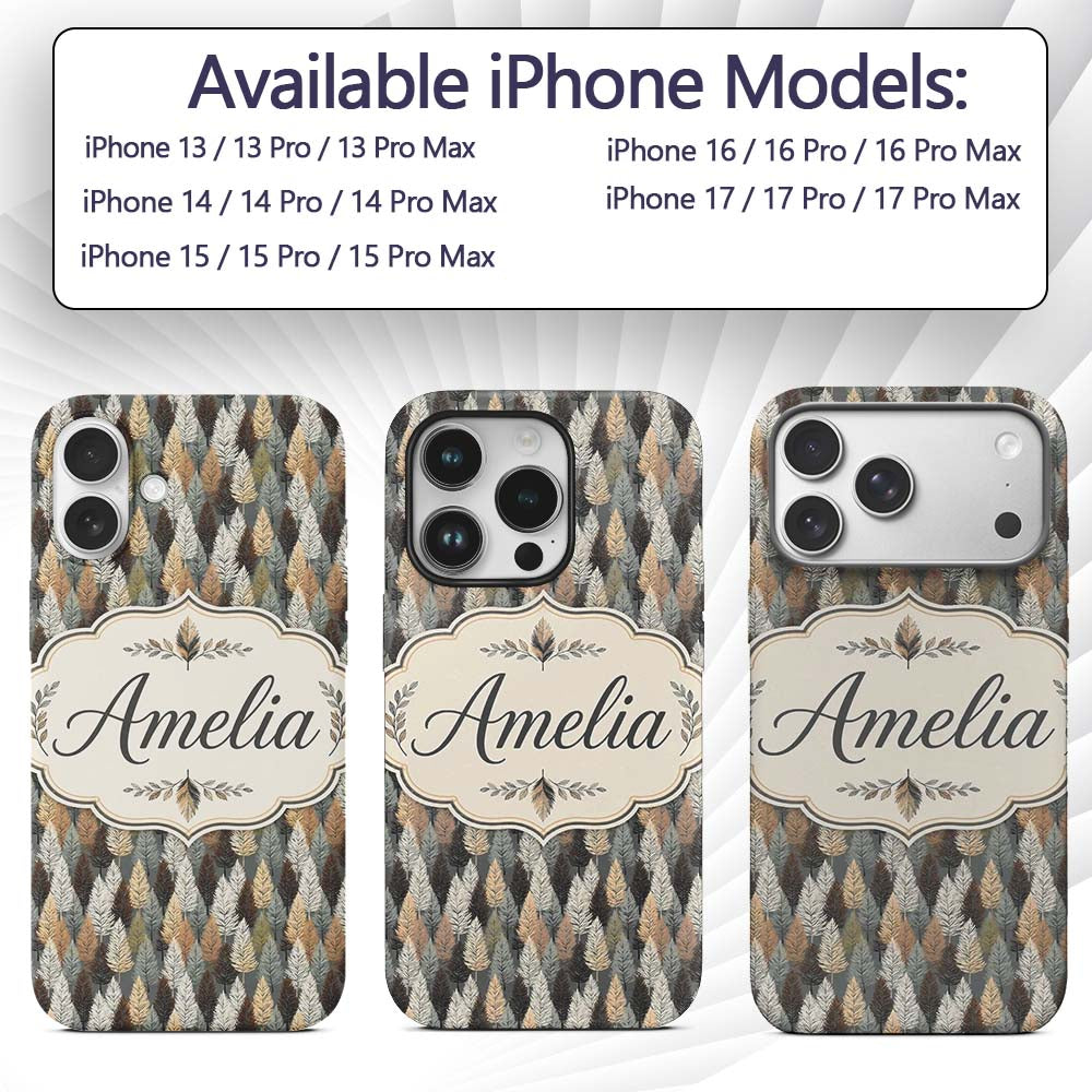 Autumn Neutral Leaf Pattern with Grey Brown and Custom Name Protective Phone Case Mobile Cover Durable Everyday Smartphone Shock Resistant