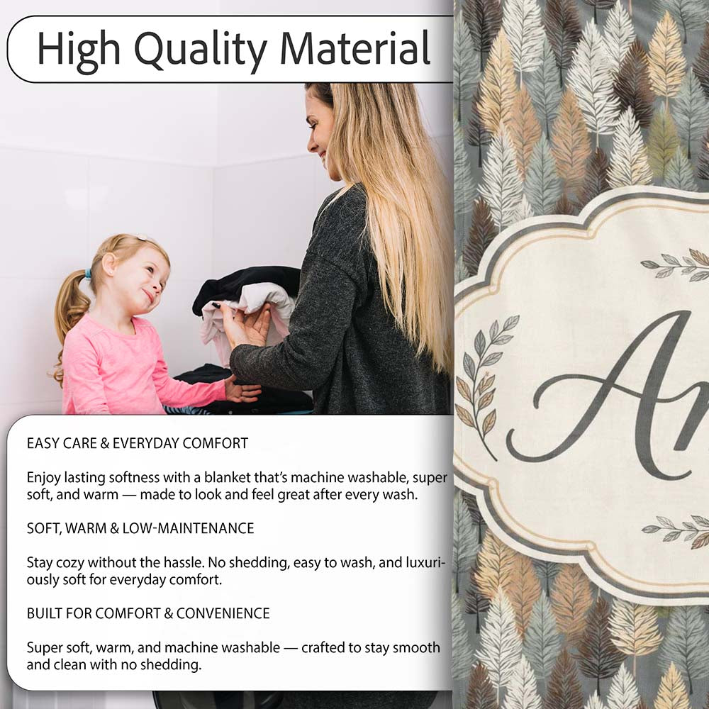 Autumn Neutral Leaf Pattern with Grey Brown and Beige Tones Personalised Custom Name Super Soft Fleece Blanket Bed Sofa Throw