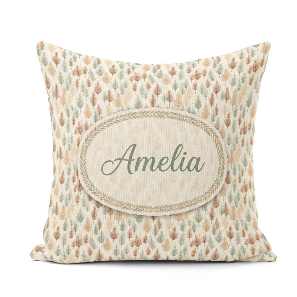 Custom Name Soft Minimal Pine Leaf in Warm Earthy Tones Seamless Square Filled Cushion Throw Pillow Sofa Bed Home Decor Zip Washable UK Made